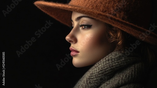 Elegant profile portrait of young woman wearing a wide-brimmed brown hat and grey scarf against a dramatic black background in studio lighting.