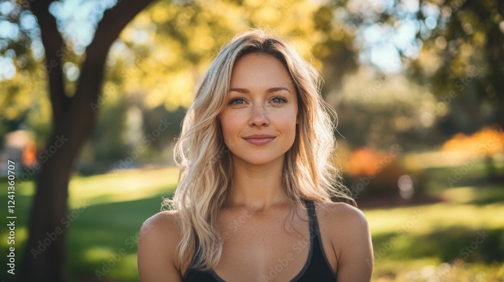 Young woman with blonde hair practicing yoga outdoors in a vibrant green park surrounded by colorful autumn foliage and dappled sunlight. Young woman with blonde hair practicing yoga outdoors in a vibrant green park surrounded by colorful autumn foliage and dappled sunlight.