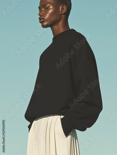 Male fashion concept. Portrait of a handsome afro-american young male model wearing white designer clothes and posing on light blue background. Catalogue, campaign style. Studio shot