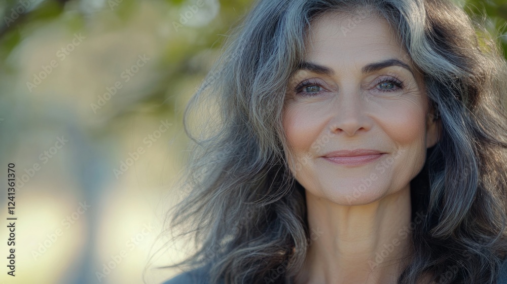 Fototapeta premium Mature Woman With Long Gray Hair Smiling In Natural Outdoor Setting Surrounded By Soft Greenery And Gentle Light In Nature
