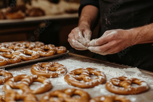 Baker shaping fresh pretzels in a rustic kitchen setting photo