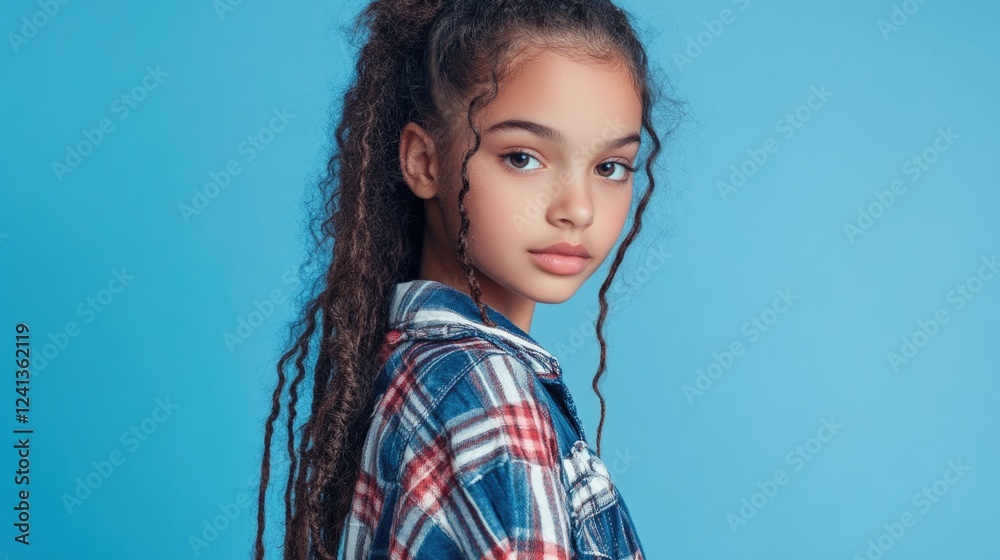 Young girl with stylish curly hair posing in casual plaid shirt against a solid blue background showcasing modern street fashion and youthful beauty Young girl with stylish curly hair posing in casual plaid shirt against a solid blue background showcasing modern street fashion and youthful beauty