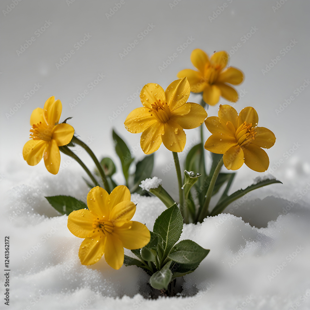 Naklejka premium Yellow flowers growing in snow on white