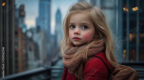 Wallpaper Mural Portrait of a young girl with long blonde hair wearing a red coat and brown scarf standing on a city balcony with a blurred urban skyline backdrop Torontodigital.ca