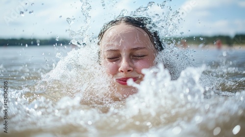 Joyful European girl splashing water at the beach under a bright blue sky enjoying summer fun with splashes of sunlit water droplets photo