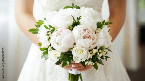 Elegant White Bridal Bouquet: Peonies and Roses photo