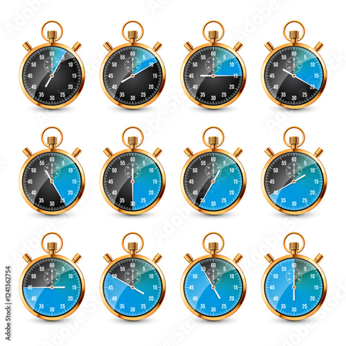 Realistic classic stopwatch. Shiny golden metal chronometer, time counter with dial. Blue countdown timer showing minutes and seconds. Time measurement for sport, start, finish. Vector illustration