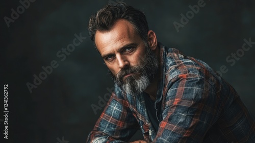 Wallpaper Mural Portrait of a 40-year-old man with a beard in a casual plaid shirt, posing thoughtfully in a dark studio setting, conveying confidence and maturity. Torontodigital.ca