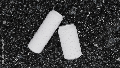 Aluminum Cans with Water Droplets on Crushed Ice Background
