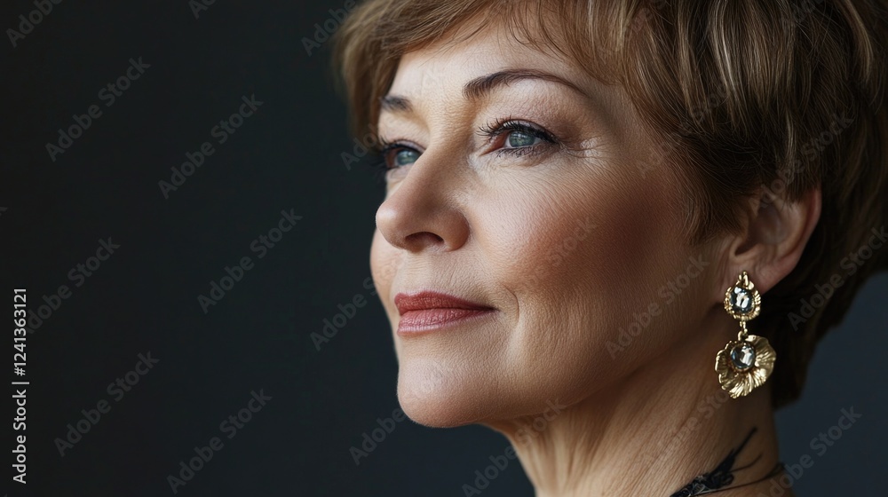 Obraz premium Confident mature woman with short hair and elegant gold earrings against dark background showcasing style and poise in profile view