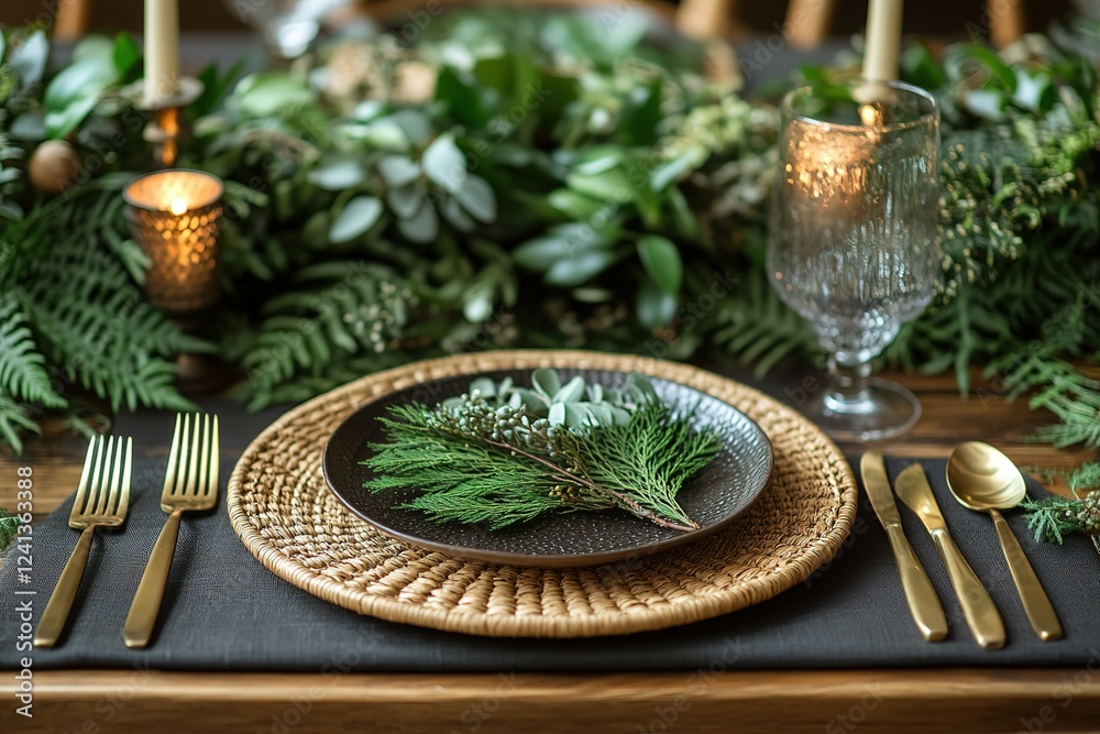 A place setting with natural greenery and gold cutlery A place setting with natural greenery and gold cutlery