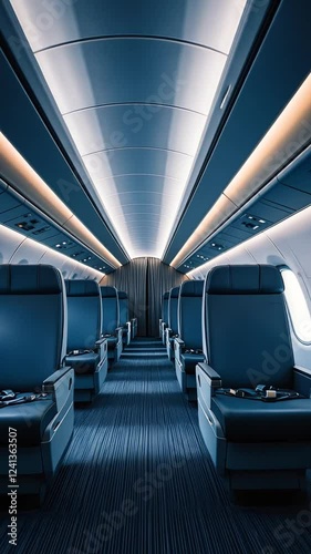 Interior view of a modern airplane cabin showcasing empty seats and ambient lighting