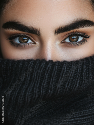 A beautiful woman with dark eyes and thick eyebrows wearing an oversized turtleneck sweater, close-up on her face