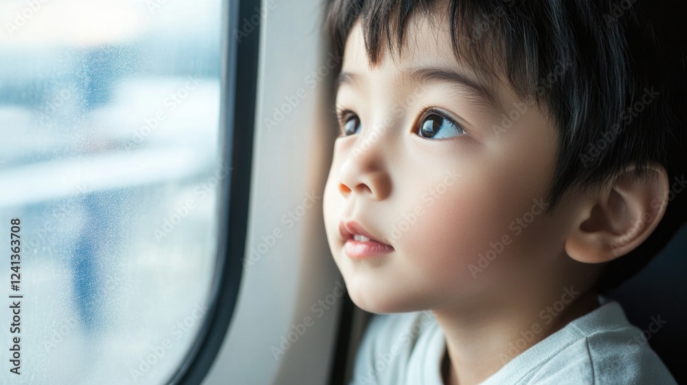 Little Asian boy gazing out airplane window with curiosity at international airport dreaming of travel and adventure Little Asian boy gazing out airplane window with curiosity at international airport dreaming of travel and adventure