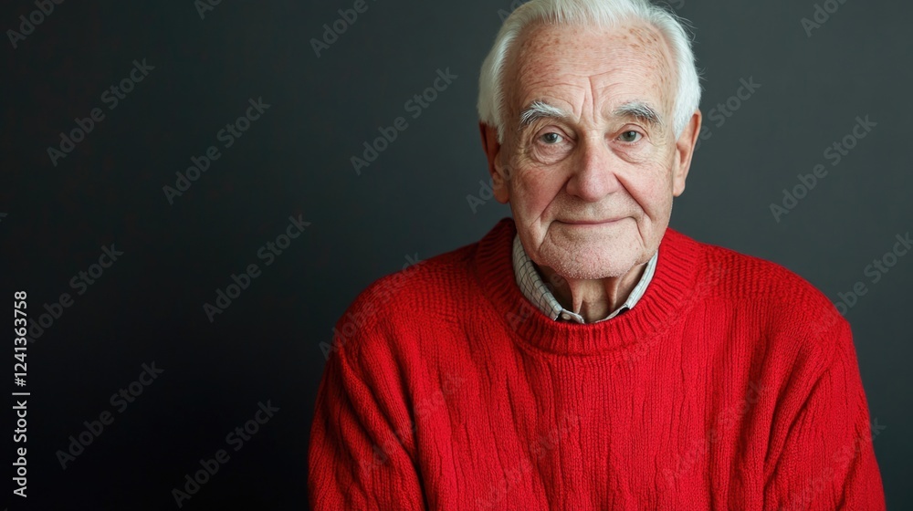 Fototapeta premium Studio portrait of an elderly man with gray hair wearing a vibrant red sweater against a dark gray backdrop showcasing warmth and wisdom.
