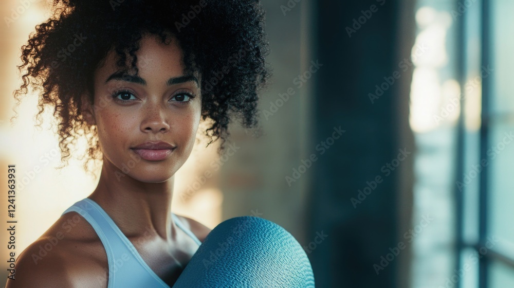 Naklejka premium Portrait of Young Woman with Curly Hair in Light Blue Gym Wear at Modern Yoga Studio Holding Exercise Mat Surrounded by Natural Light