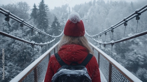 young woman wearing red winter coat and knitted hat standing on snowy Suspension Bridge Geierlay surrounded by snow-covered trees in HunsrÃ¼ck Germany photo