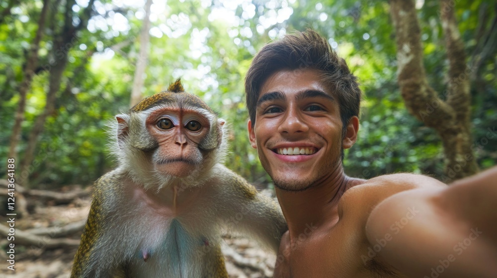 Φωτογραφία Smiling young man taking a selfie with wild monkey in lush green jungle of Phuket Thailand, capturing a joyful moment in nature