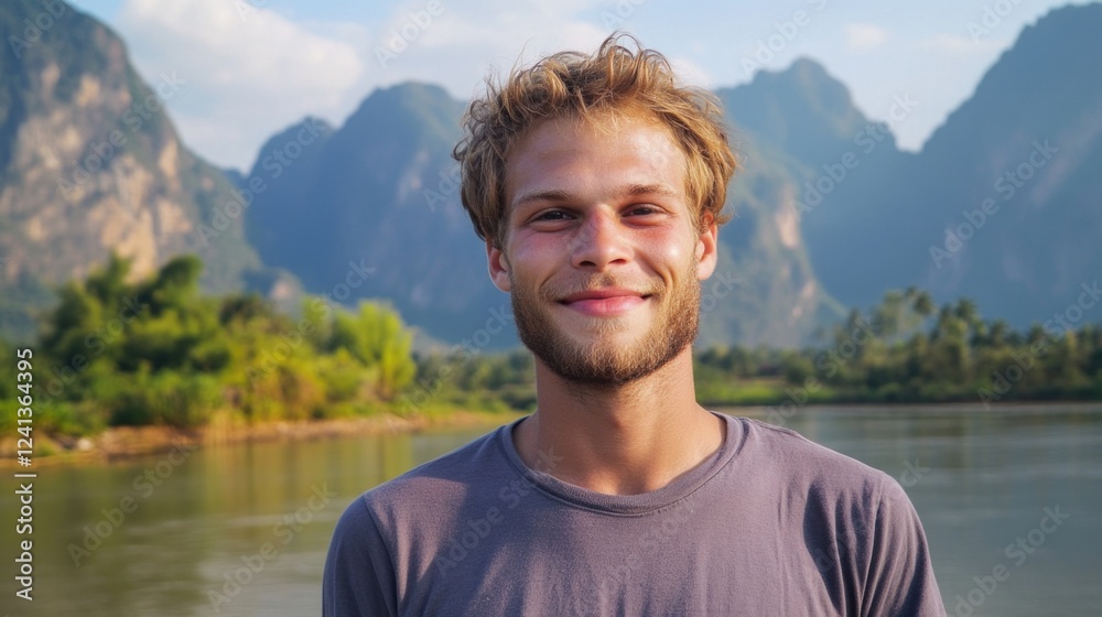 Smiling young man with tousled hair standing by the river in Vang Vieng Laos, lush green mountains and clear blue sky in the background. Smiling young man with tousled hair standing by the river in Vang Vieng Laos, lush green mountains and clear blue sky in the background.