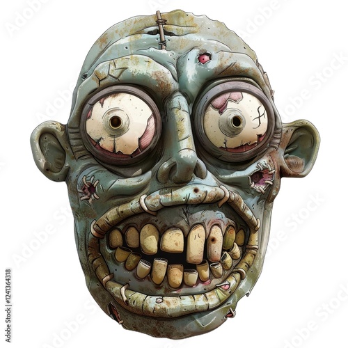 Creepy zombie mask with large eyes and scary teeth staring straight ahead with broken features photo