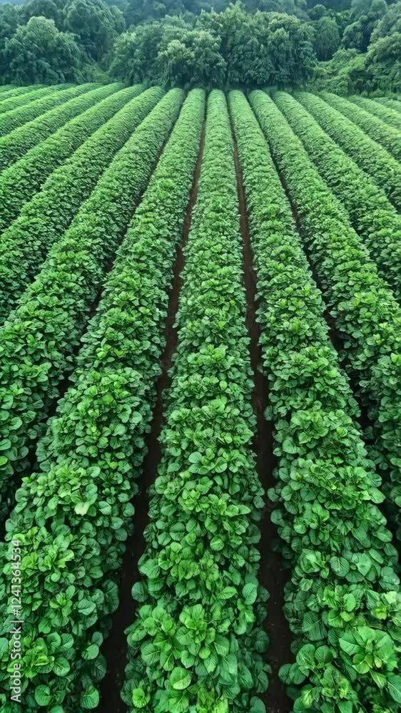 Lush Green Rows of Crop Plants in an Expansive Agricultural Field Surrounded by Dense Trees and Vegetation Lush Green Rows of Crop Plants in an Expansive Agricultural Field Surrounded by Dense Trees and Vegetation