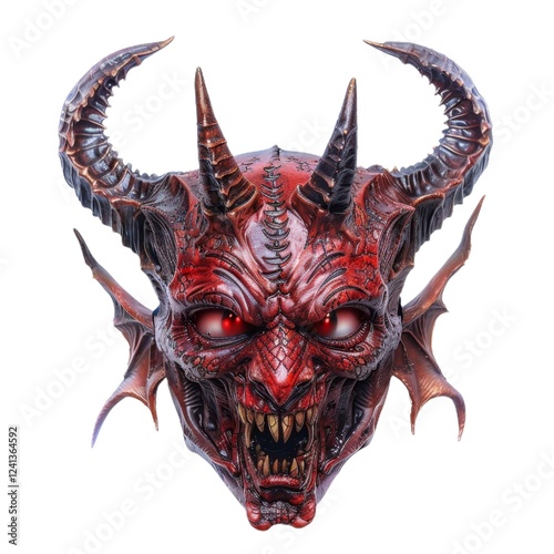 Highly detailed red demon head with horns and sharp fangs displaying intense ferocity photo