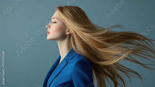 Professional business woman with long flowing blond hair wearing a vibrant blue suit, posed gracefully against a soft blue background in studio setting. photo