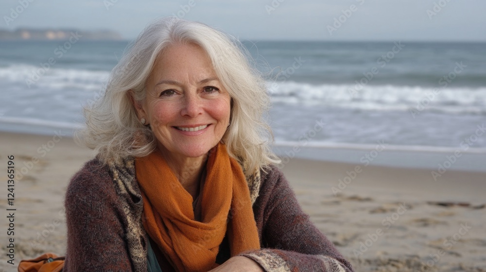 Senior woman with long silver hair wearing a warm scarf sitting on sandy beach by the ocean smiling against a serene coastal backdrop. Senior woman with long silver hair wearing a warm scarf sitting on sandy beach by the ocean smiling against a serene coastal backdrop.