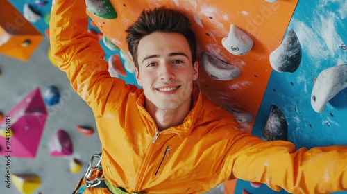 Joyful young businessman enjoying bouldering at colorful climbing gym wearing bright orange jacket and belay system engaged in fitness training