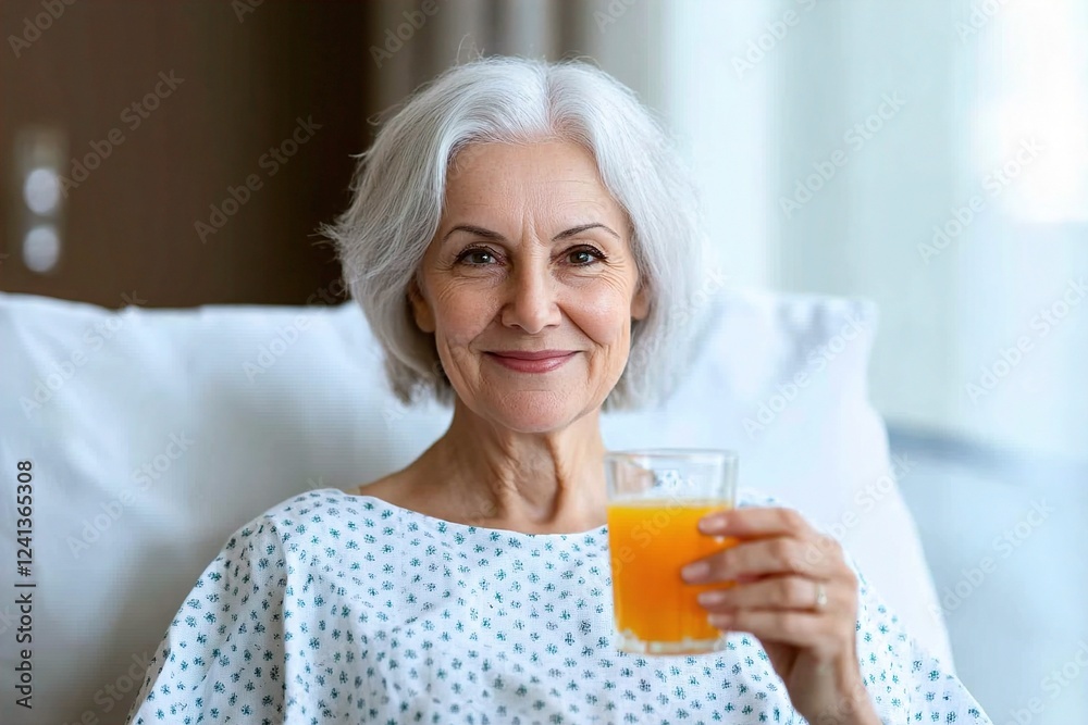 Smiling elderly woman holding a glass of orange juice in a hospital gown, exuding warmth and positivity. Nourishing Recovery, Revitalizing Break Smiling elderly woman holding a glass of orange juice in a hospital gown, exuding warmth and positivity. Nourishing Recovery, Revitalizing Break