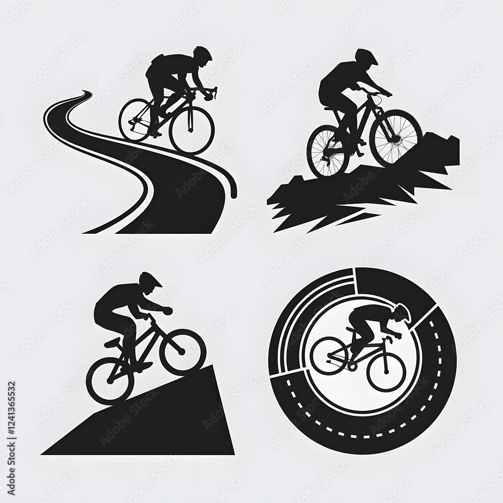 Obraz premium Silhouette Icons of Cycling Sports: Road Cycling, Mountain Biking, BMX, and Track Cycling on White Background