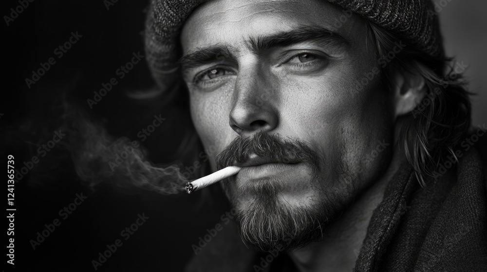 Obraz premium Rugged handsome man with long hair and stubble in gray beanie smoking cigarette against dark background exuding cool confidence in black and white portrait.