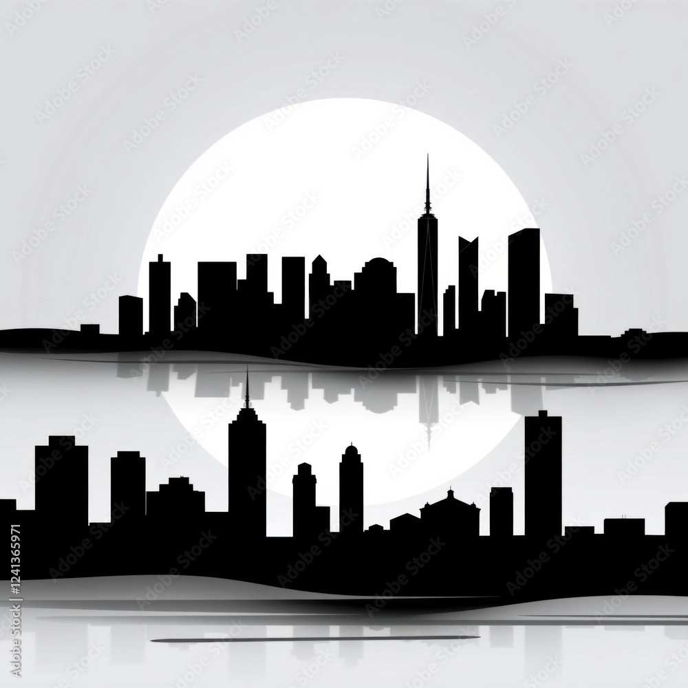 Naklejka premium City skyline at sunset with colorful reflections silhouetted skyline cityscape architecture illustration building city vector