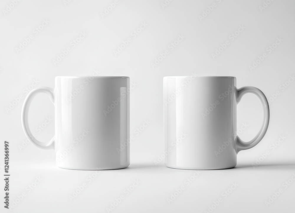 Obraz premium White coffee mug mockup, two mugs side by side on a white background. Mock-up template for design and print with copy space. Stock photo contest winner, high resolution, high detail