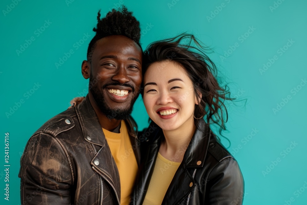 Portrait of a joyful multiethnic couple in their 30s sporting a stylish leather blazer in pastel teal background Portrait of a joyful multiethnic couple in their 30s sporting a stylish leather blazer in pastel teal background