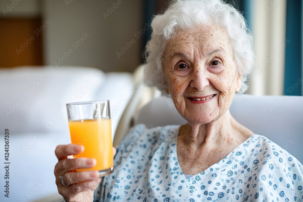 Smiling elderly woman with white hair holding a glass of orange juice, wearing a floral nightgown, exuding warmth and joy. Nourishing Recovery, Revitalizing Break Smiling elderly woman with white hair holding a glass of orange juice, wearing a floral nightgown, exuding warmth and joy. Nourishing Recovery, Revitalizing Break