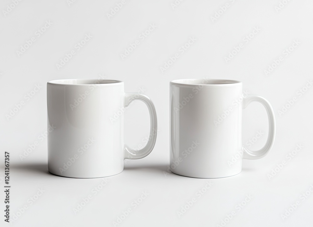 Obraz premium White coffee mug mockup, two mugs side by side on a white background. Mock-up template for design and print with copy space. Stock photo contest winner, high resolution, high detail