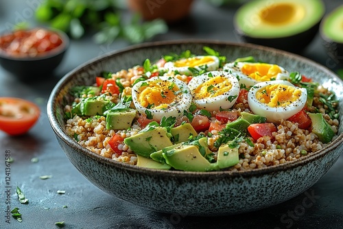 Hearty grain bowl with sliced avocado halved boiled eggs and diced tomatoes