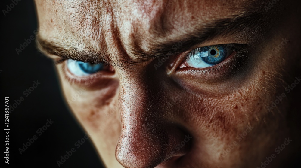 Naklejka premium Intense close-up portrait of a middle-aged man with striking blue eyes and textured skin, conveying deep emotion against a dark background.