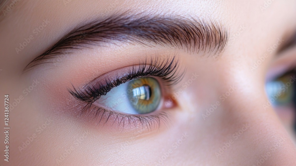 Obraz premium Close-up of beautiful woman with green eyes showcasing eyelash extensions and lamination procedure in a modern beauty salon with soft lighting and refined makeup details