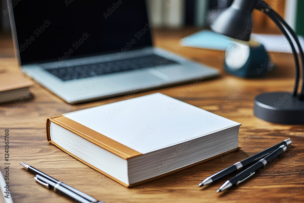 Modern workspace setup featuring a new book, laptop, pens, and a sleek desk lamp for productive work sessions Modern workspace setup featuring a new book, laptop, pens, and a sleek desk lamp for productive work sessions