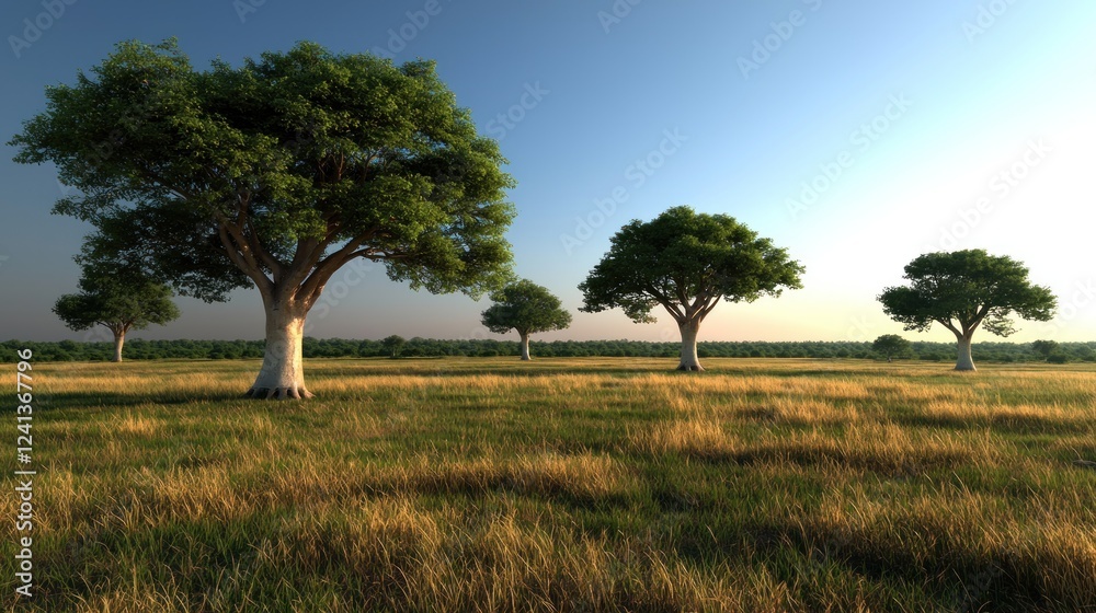 Lush green trees standing tall in a serene landscape under a clear blue sky at sunset Lush green trees standing tall in a serene landscape under a clear blue sky at sunset