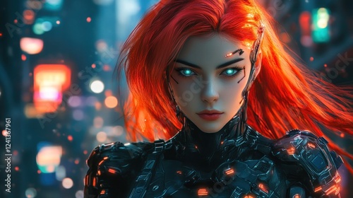 Cyberpunk Redhead Woman in Futuristic City