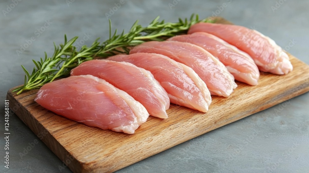 Neatly Arranged Organic Chicken Breast Fillets on Wooden Board Neatly Arranged Organic Chicken Breast Fillets on Wooden Board