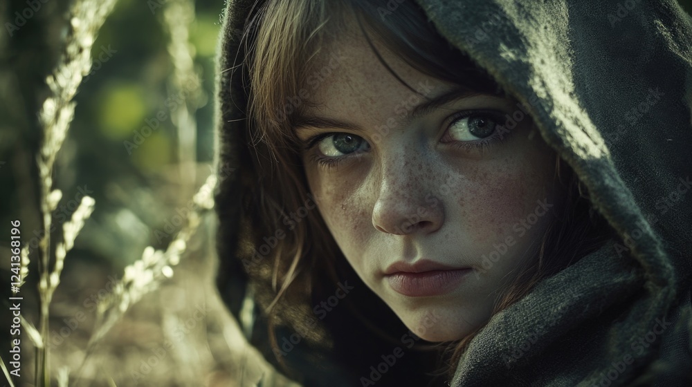 Girl with freckled face wearing a dark hooded cloak gazing thoughtfully in a green forest setting with soft natural light.