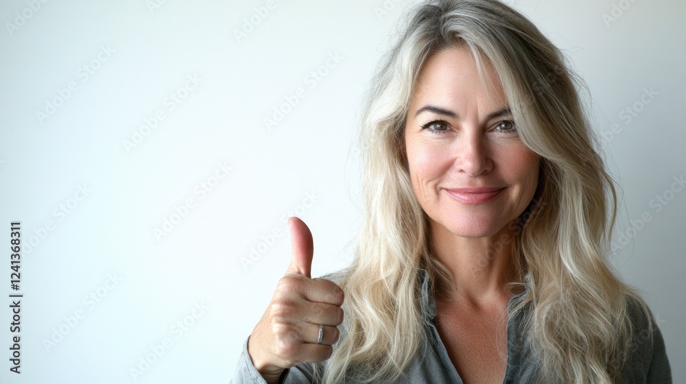 Smiling middle-aged blonde woman with long hair giving a thumbs up gesture against a light gray background expressing positivity and confidence Smiling middle-aged blonde woman with long hair giving a thumbs up gesture against a light gray background expressing positivity and confidence