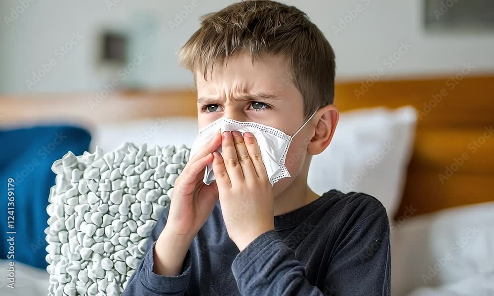 Sick boy blows nose on tissue, bedroom background Sick boy blows nose on tissue, bedroom background