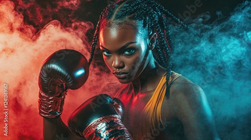 Dynamic Boxing Portrait of Confident Black Woman with Braids in Glove on Black Background Surrounded by Red and Blue Smoke in Gym Setting photo