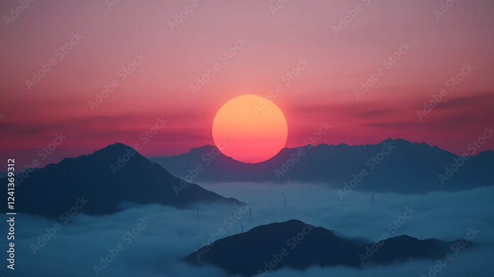 Fototapeta premium Majestic Sunrise over Misty Mountain with Floating Wind Turbine