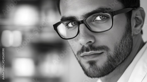 Young handsome male doctor with glasses in a black and white portrait, showcasing seriousness and professionalism with a blurred background of a modern clinical setting. photo